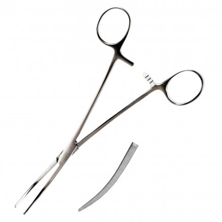 Затискач кровоспинний, по Rochester-Pean, зубчатий, зігнутий №2. Довжина 19,6 см